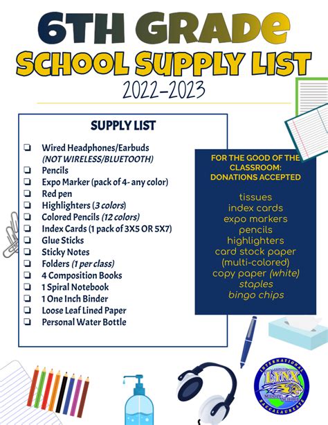 Yulee middle school 6th grade supply list - For the 2023-24 school year we have updated our school supply lists. This is a limited list. You may be asked to purchase supplies after school starts. 6th Grade Supply List 2023. 7th Grade Supply List. 8th Grade Supply List. P.E. Department: Have your child wear the appropriate shoes on P.E. days.